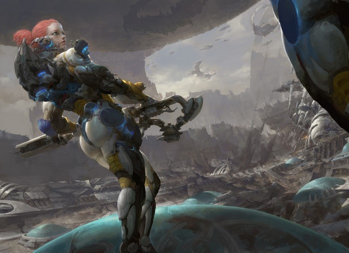 Futuristic warrior in a desolate alien city