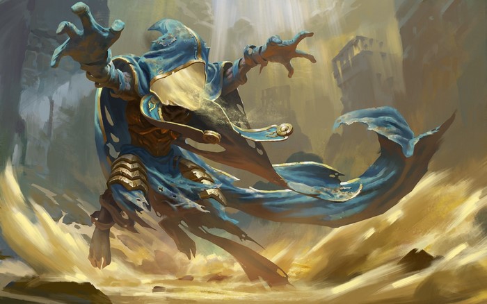 Fantasy art of a blue robed figure in a desert