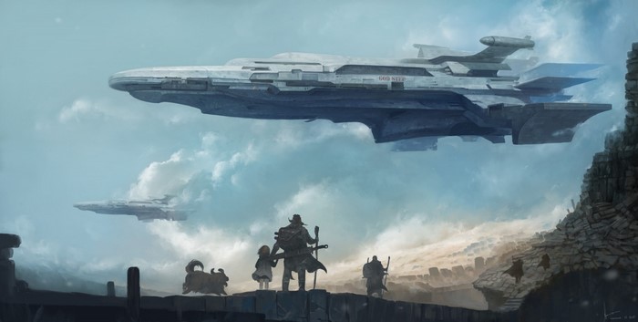 Futuristic Battlecruisers Over Scenic Landscape