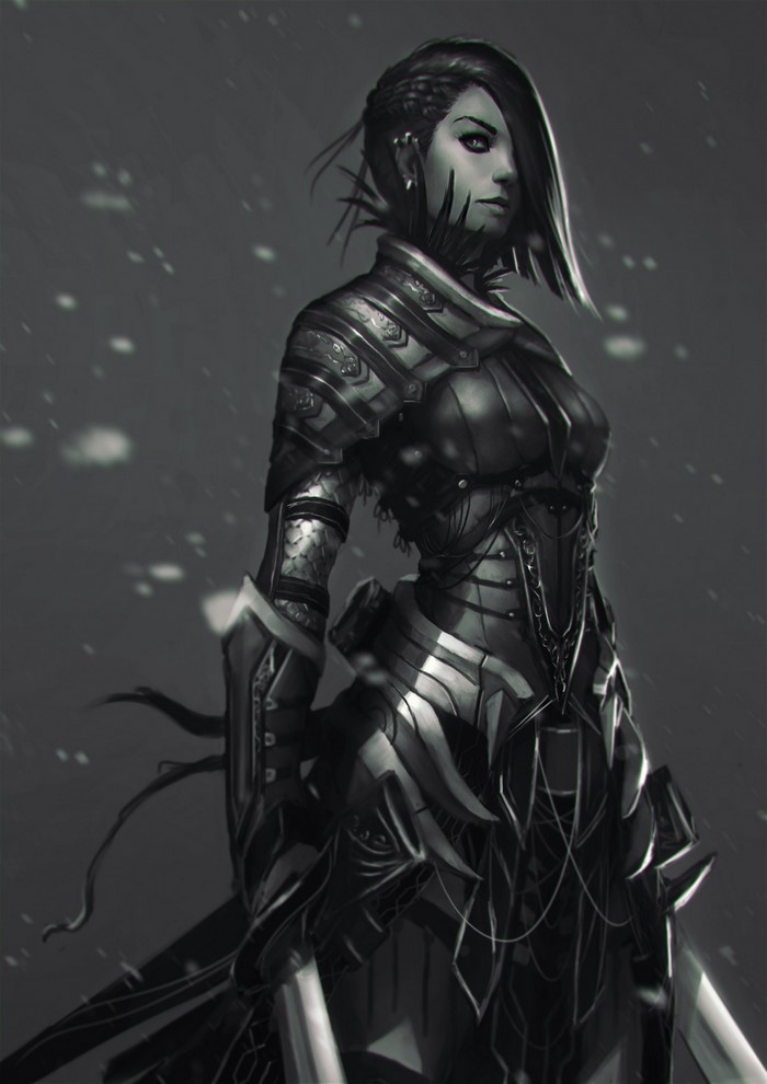 Monochrome fantasy art of a female warrior in armor