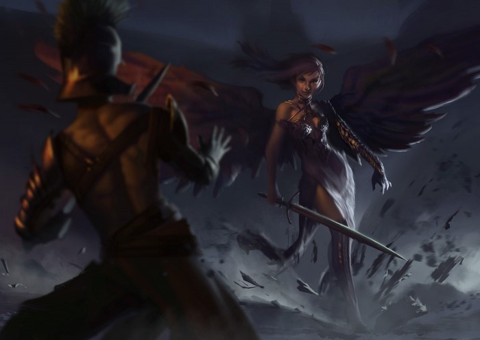 Fantasy art of an angel fighting a warrior