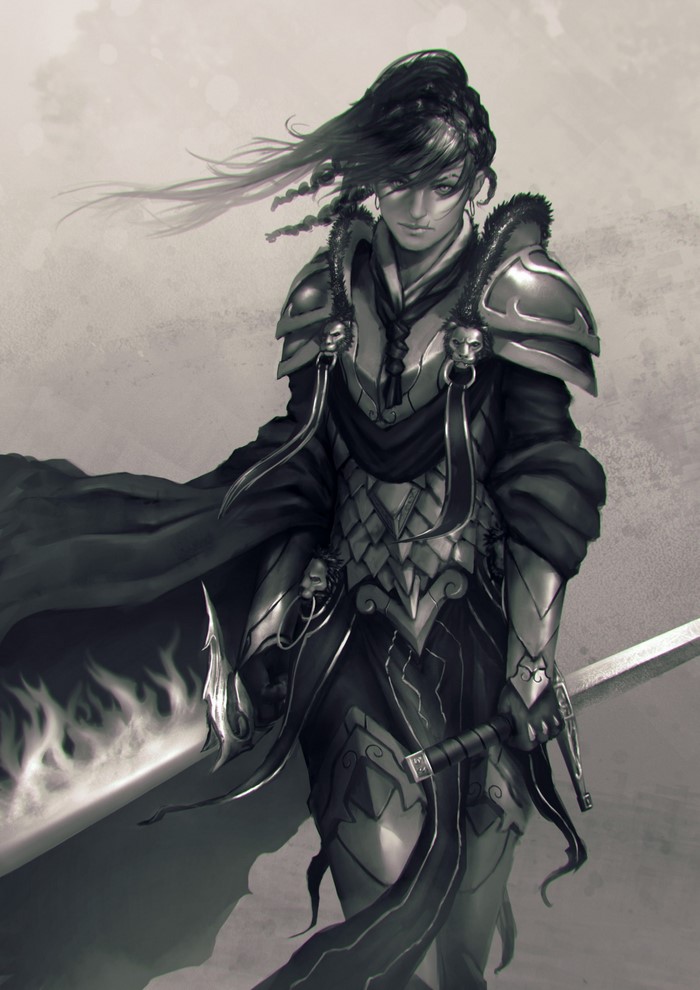 Fantasy warrior woman with flaming sword