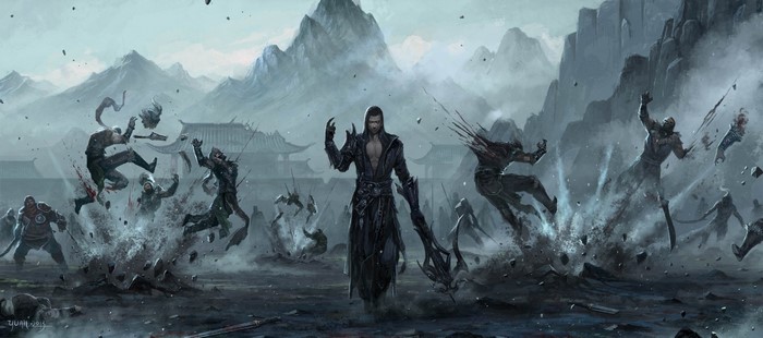 Fantasy warrior in black armor amidst a battle