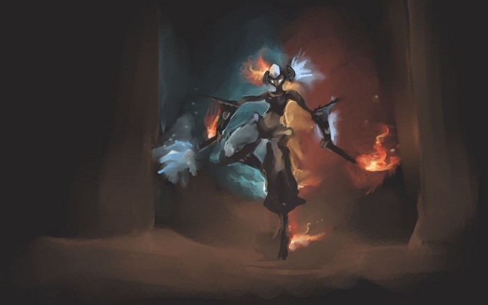 A dark fantasy character with fire and ice elements