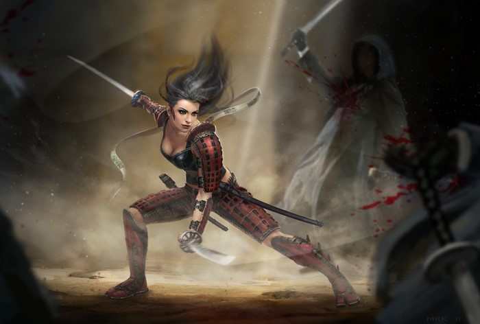 Woman warrior in samurai armor fighting with swords