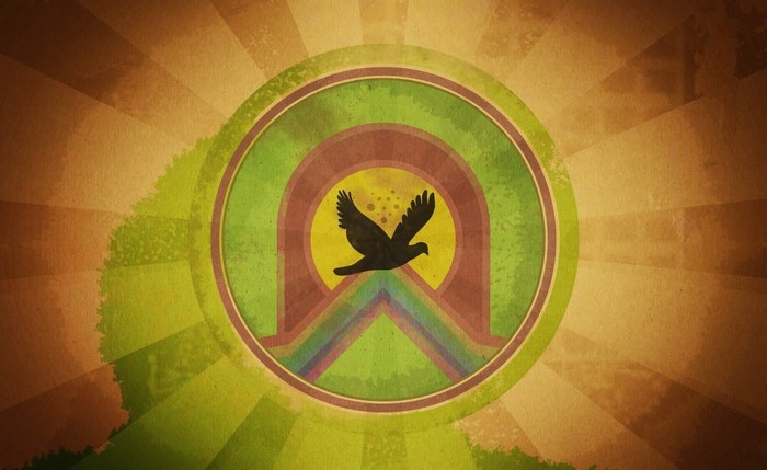 Illustration of a dove in a circular design with sunburst background