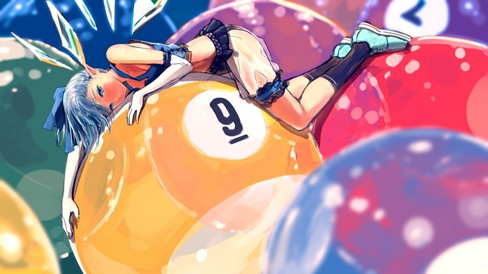 Cirno from Touhou lying on a billiard ball