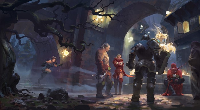 Fantasy characters in a dark, ancient courtyard