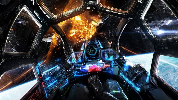 Cockpit view of a spaceship during a space battle