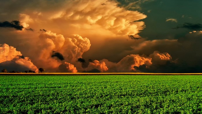 Stormy sunset over a green agricultural field