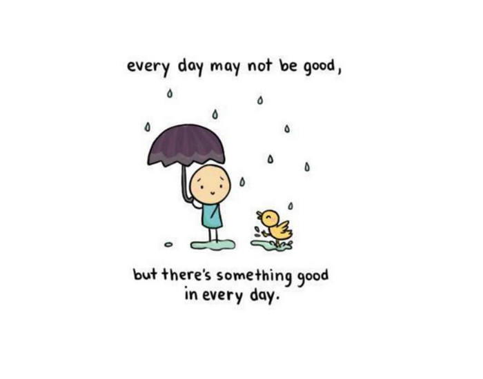 Illustration of a person and a duck under an umbrella in the rain with text