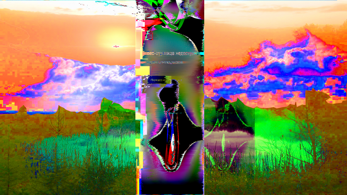 Glitch art landscape with distorted clouds and sun