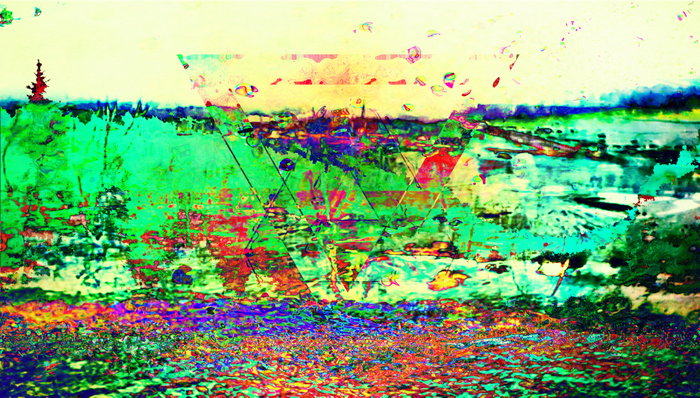 Abstract landscape with geometric overlays