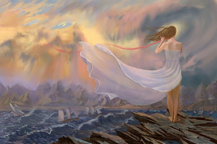 Woman in white dress on rocky shore with sailing ships