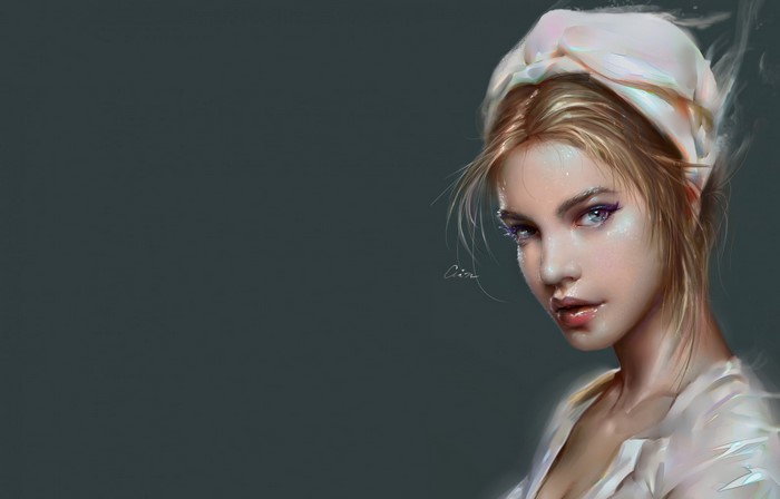Artwork of a woman with blonde hair and a white headscarf
