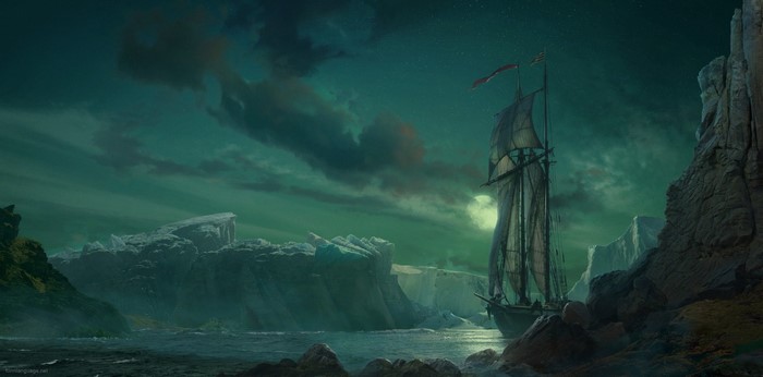Ghost ship sailing through icy waters under a green sky