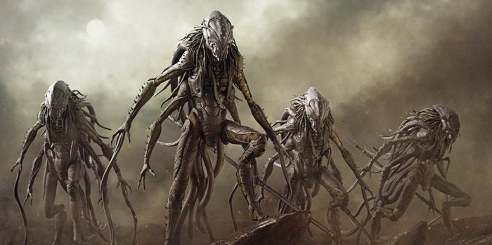 Four alien creatures in a desolate landscape