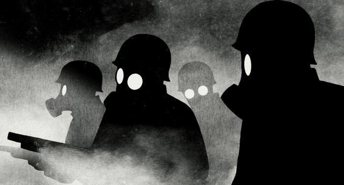 Silhouettes of soldiers in gas masks and helmets