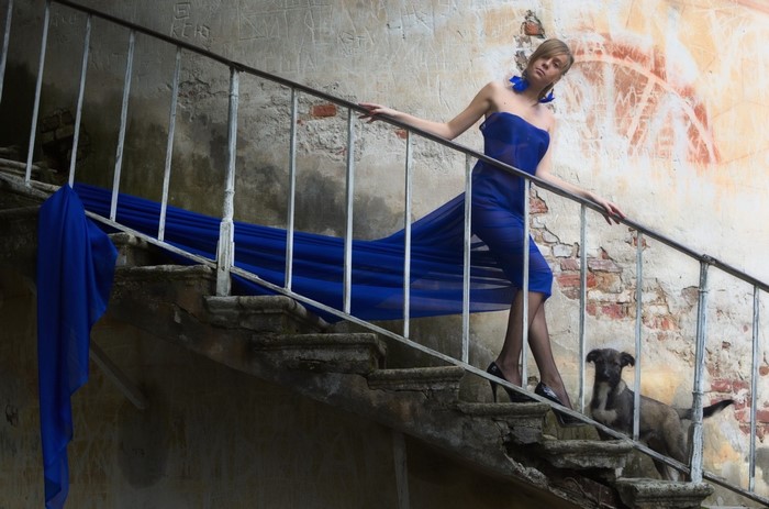 Woman in blue dress with dog on stairs