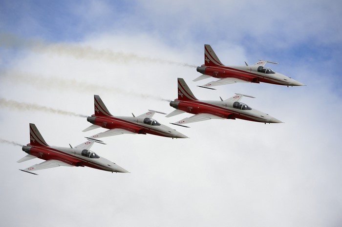 Four Swiss Air Force F-5E Tiger II jets in formation