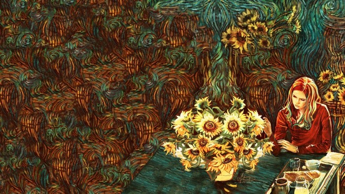 Woman with sunflowers in a Van Gogh-style painting