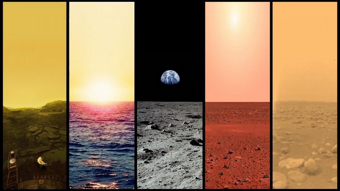 Collage of celestial bodies and planetary surfaces