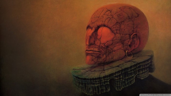 Painting of a cracked red head by Zdzisław Beksiński