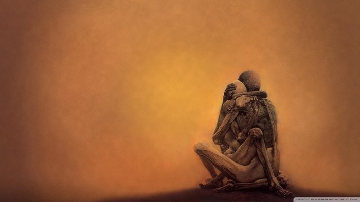 Two skeletal figures embracing in a dark, sepia-toned painting