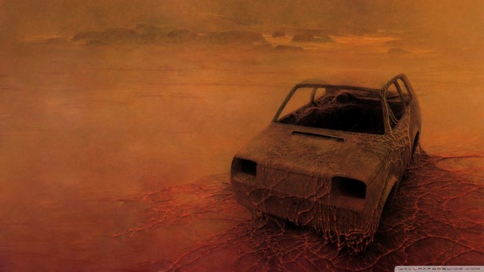 Painting of a decaying car in a desolate landscape