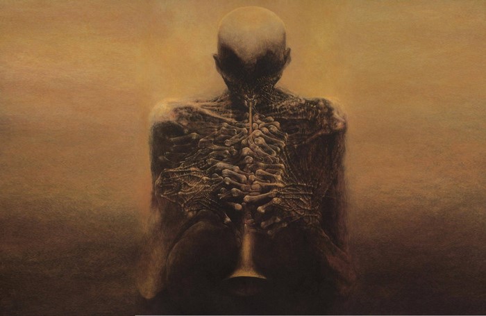 Painting of a skeletal figure by Zdzisław Beksiński