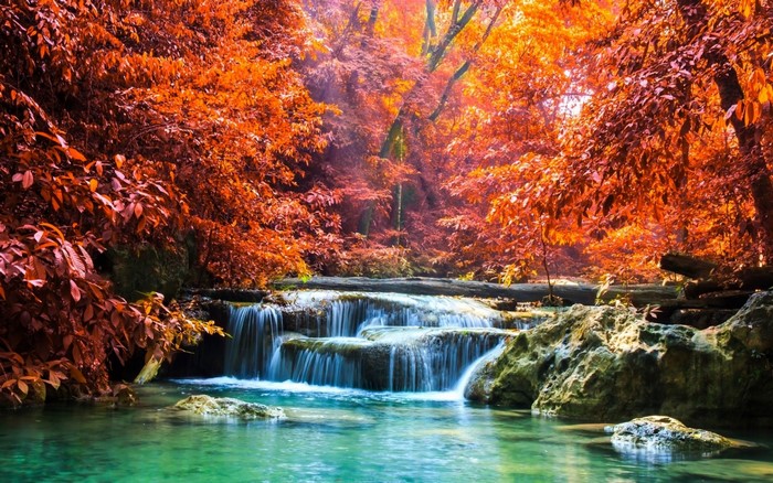 Serene Autumn Waterfall in Tropical Forest