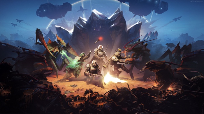 Helldivers soldiers fighting alien creatures on a desolate planet