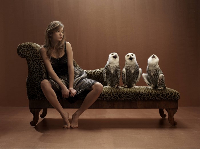 Woman sitting on a leopard print chaise lounge with three owls