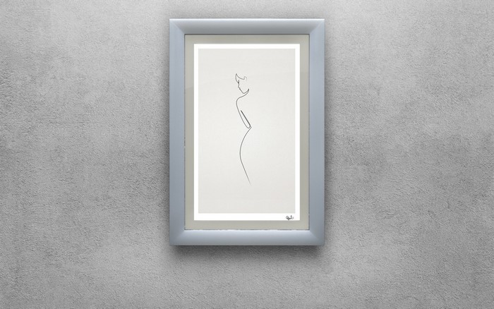 Minimalist line drawing of a woman in a picture frame
