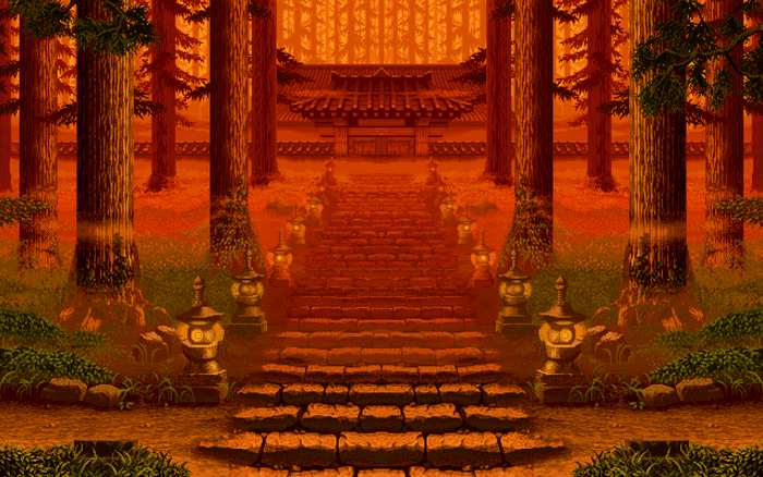 Pixel art of a Japanese temple entrance with stone stairs and lanterns
