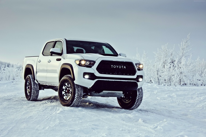 White Toyota Tacoma TRD Pro in Snow