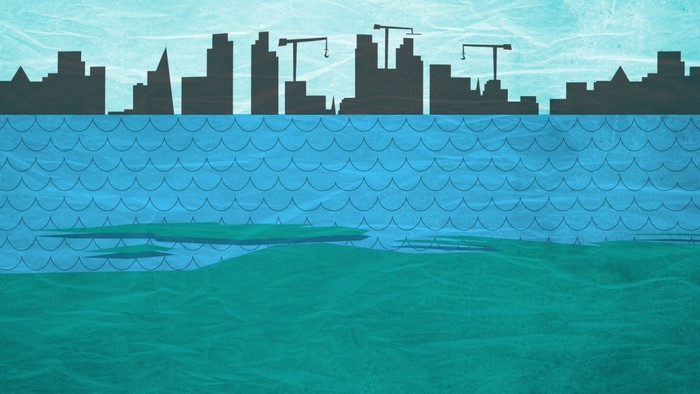 Cityscape silhouette over blue water with cranes
