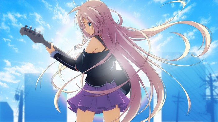 IA Vocaloid playing guitar against a blue sky