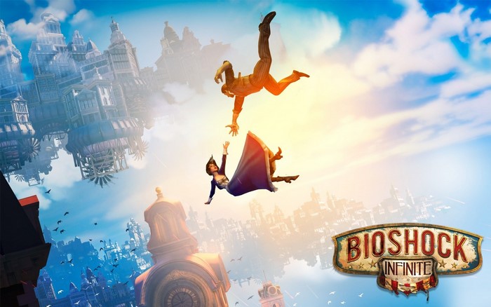 Booker and Elizabeth falling from Columbia in BioShock Infinite