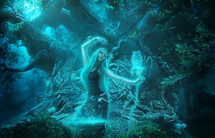 Fantasy art of a woman with an owl staff in a forest