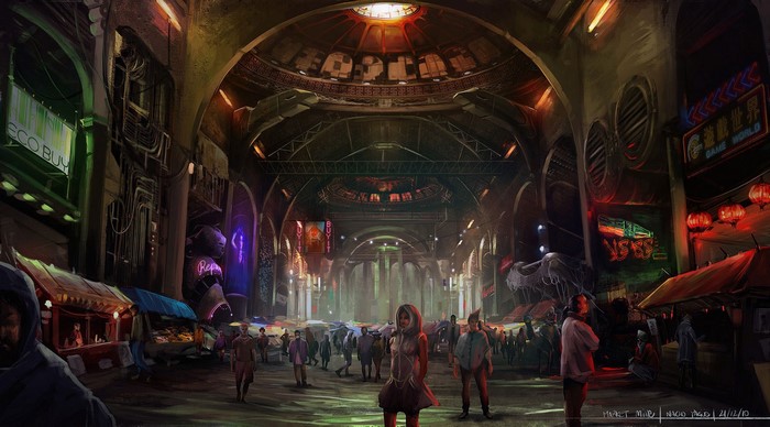 Cyberpunk market with neon signs and a crowd