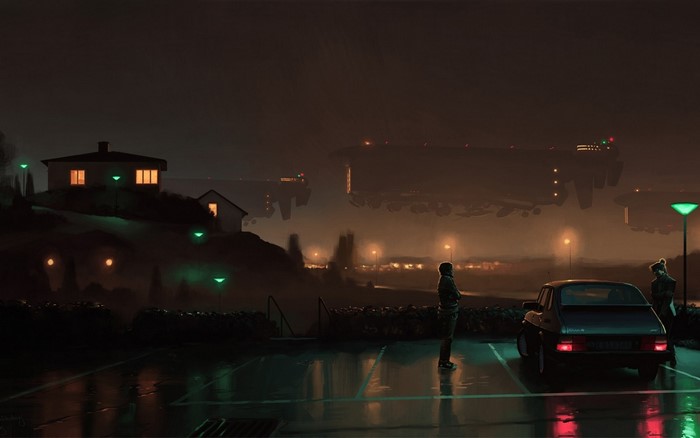 Night cityscape with floating structures and people by a car