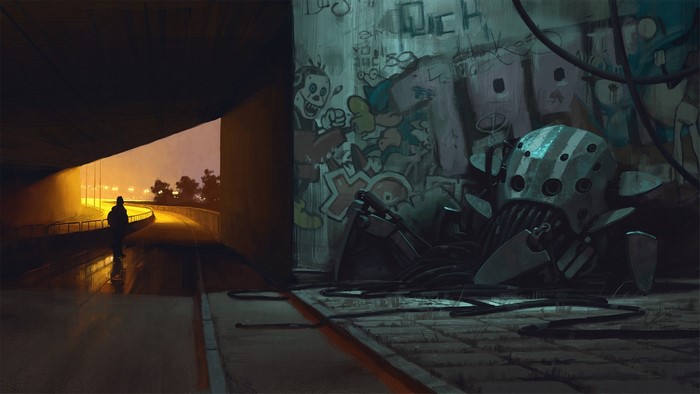 Cyberpunk robot wreckage under a bridge with graffiti