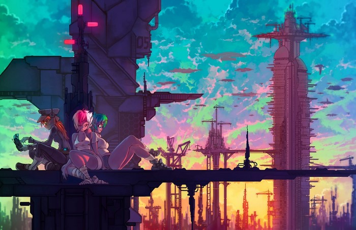 Anime girls in futuristic city at sunset