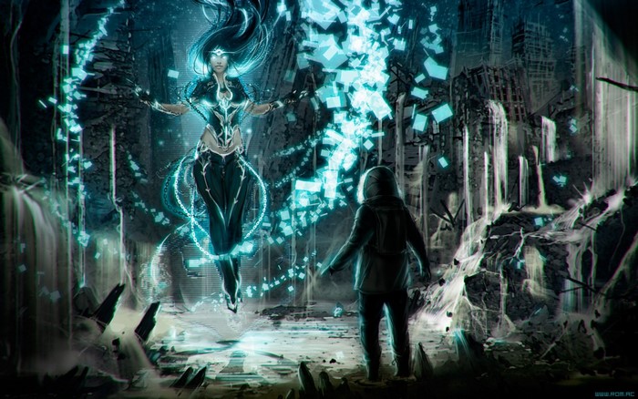 Futuristic woman and person in ruined city