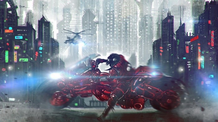 Kaneda's motorcycle from Akira in a futuristic city