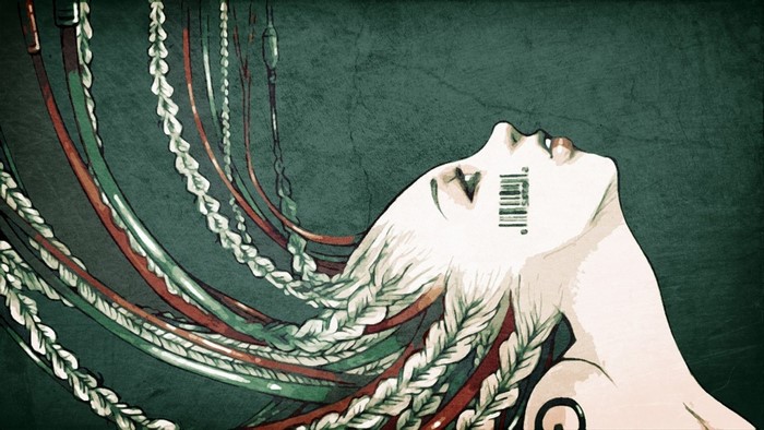 Cyberpunk woman with wires and barcode