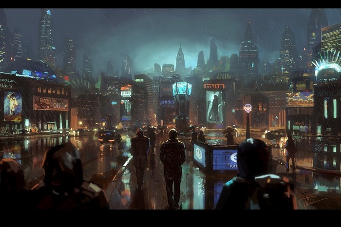 Futuristic city street at night in the rain