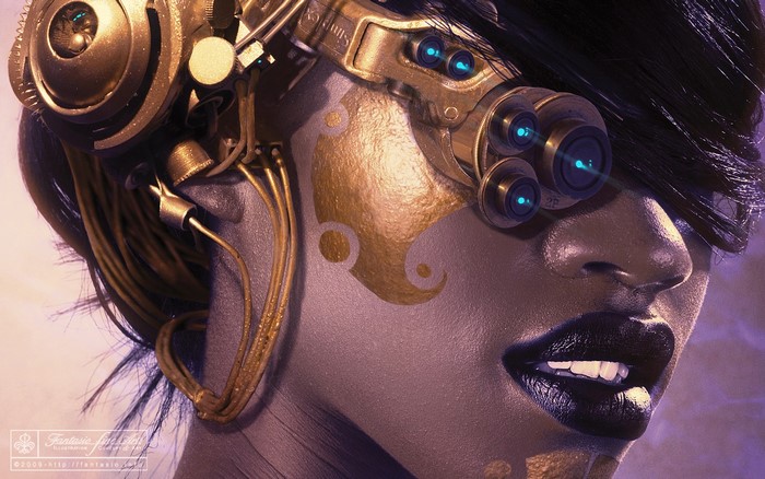 Cyberpunk woman with futuristic goggles and gold face paint