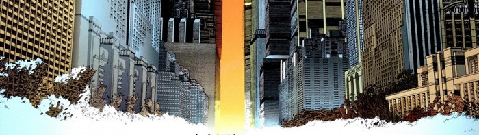 Destroyed city with a bright orange light beam
